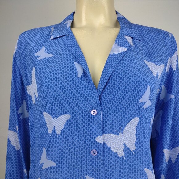 Equipment Femme blue butterfly long sleeve button up shirt blouse ladies Large - Picture 2 of 7